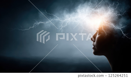 silhouette of person with lightning emanating from their head, symbolizing energy silhouette of person with lightning emanating from their head, symbolizing energy 125264251