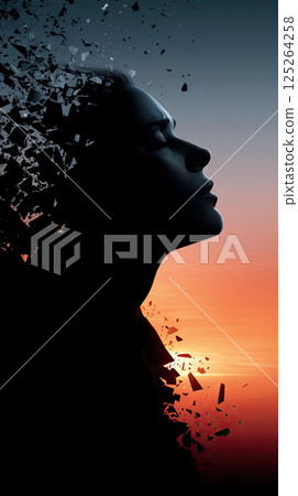 Silhouette of person fading into broken glass shards at sunset 125264258