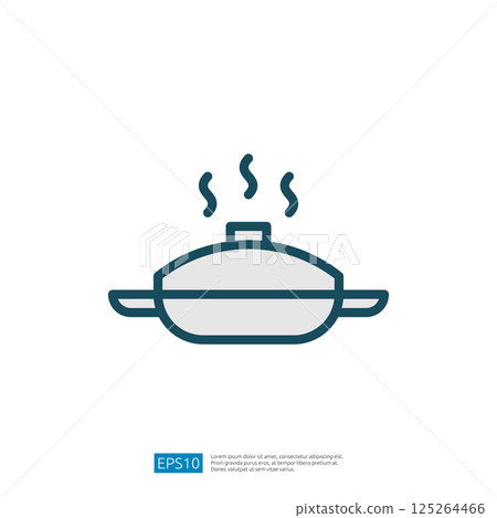 Minimalist Line Icon of a Steaming Cooking Pan on a Clean Background Indicating Culinary Preparation Activities and Tools 125264466