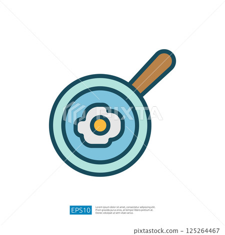 Sizzling Egg Being Cooked in a Frying Pan on a Colorful Kitchen Countertop with a Bright and Cheerful Atmosphere 125264467