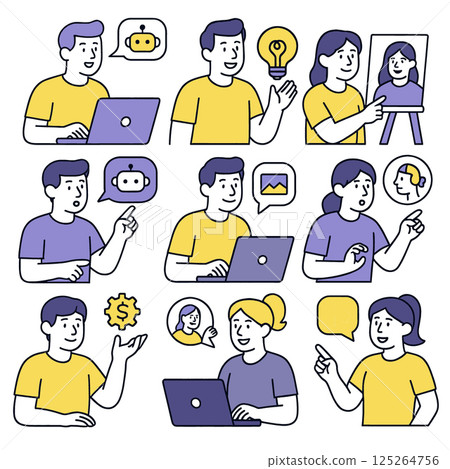 Creative individuals engage various activities, showcasing ideas, technology, and communication through illustrations. vibrant colors and diverse expressions highlight collaboration and innovation 125264756