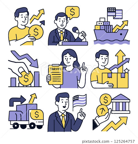 Economic growth and trade concepts are illustrated in this image, featuring symbols like money, tariffs, and shipping. visuals convey sense of financial progress and market dynamics Economic growth and trade concepts are illustrated in this image, featuring symbols like money, tariffs, and shipping. visuals convey sense of financial progress and market dynamics 125264757
