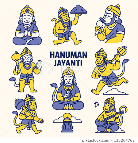 Hanuman Jayanti celebration features various illustrations of Hanuman, showcasing his diverse forms and activities. vibrant colors and playful designs evoke sense of joy and reverence Hanuman Jayanti celebration features various illustrations of Hanuman, showcasing his diverse forms and activities. vibrant colors and playful designs evoke sense of joy and reverence 125264762