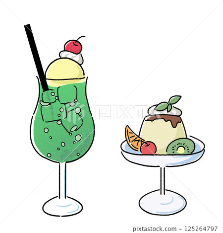 Retro coffee shop: Melon soda and pudding a la mode 125264797