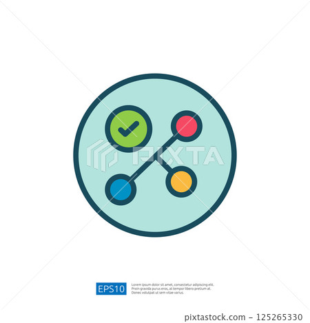 Data Analysis Icon Featuring Checkmark and Colorful Nodes Representing Metrics and Performance in Business Strategy Data Analysis Icon Featuring Checkmark and Colorful Nodes Representing Metrics and Performance in Business Strategy 125265330
