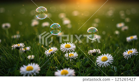 Bubbles float over dreamy daisy field at sunset. Very dreamy light, feels dreamy. 125265427