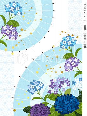 Hydrangea and Japanese umbrella rainy season background, illustration, cute, vertical, hemp leaf pattern Hydrangea and Japanese umbrella rainy season background, illustration, cute, vertical, hemp leaf pattern 125265504