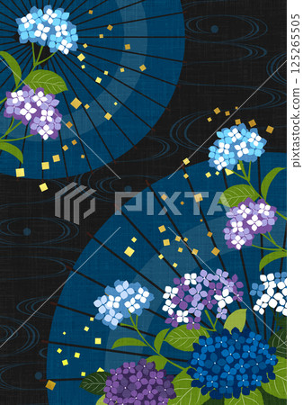 Hydrangea and Japanese umbrella rainy season background, illustration, cute, vertical, running water Hydrangea and Japanese umbrella rainy season background, illustration, cute, vertical, running water 125265505