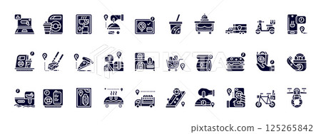 Diverse Food Delivery Icons Representing Meals, Services, and Culinary Options for Modern Dining Experience 125265842