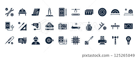 Collection of Engineering Icons Depicting Tools, Technology, and Design Elements in a Simple Modern Style with a Dark Background Collection of Engineering Icons Depicting Tools, Technology, and Design Elements in a Simple Modern Style with a Dark Background 125265849