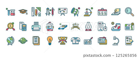 Collection of Colorful Education Icons Representing Various Aspects of Learning Technologies and Educational Topics Collection of Colorful Education Icons Representing Various Aspects of Learning Technologies and Educational Topics 125265856