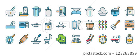 Collection of Cooking Icons Including Utensils Ingredients and Methods for Culinary Art and Meal Preparation 125265859