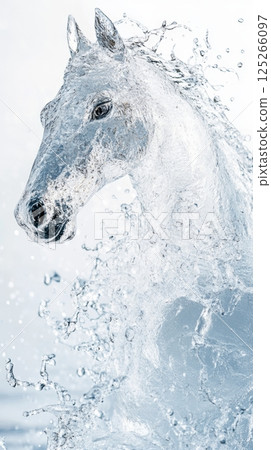 Dynamic splashes of water form the silhouette of a horse, capturing movement and fluidity in an abstract display. The artwork combines the essence of nature with the elegance of the horse 125266097