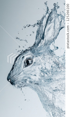 Water splashes form an intricate shape resembling a rabbit, capturing the fluidity and dynamism of movement. The transparent water contrasts beautifully against a soft gray background 125266100