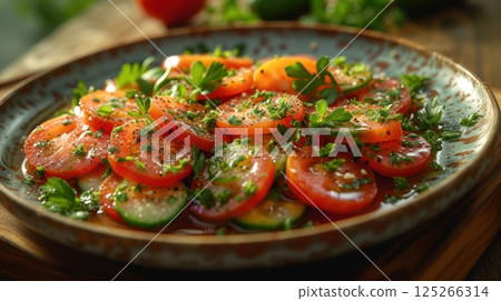 Ai generated sliced tomatoes and cucumbers seasoned with fresh parsley and a light vinaigrette create a refreshing summer salad Ai generated sliced tomatoes and cucumbers seasoned with fresh parsley and a light vinaigrette create a refreshing summer salad 125266314