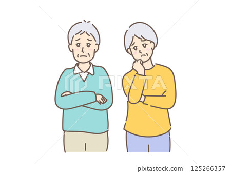 A senior couple with troubled expressions and folded arms, drawn in gentle colors A senior couple with troubled expressions and folded arms, drawn in gentle colors 125266357