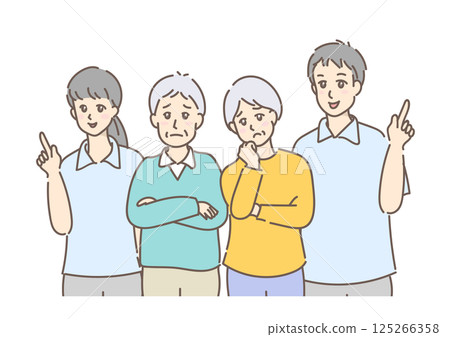 A senior couple with troubled expressions and arms folded, and a man and woman giving advice, drawn in gentle colors A senior couple with troubled expressions and arms folded, and a man and woman giving advice, drawn in gentle colors 125266358