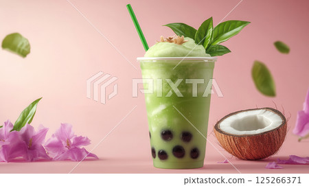 Ai generated refreshing coconut bubble tea with falling leaves and pink flowers on pastel background 125266371