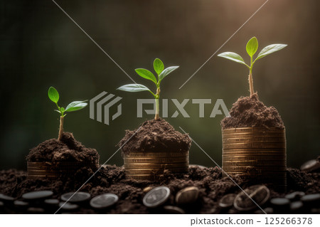 Ai generated Seedlings growing on coin stacks symbolizing investment growth 125266378