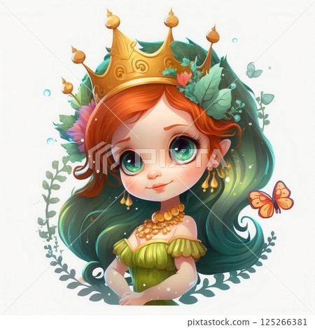 Ai generated Cartoon princess wearing golden crown and green dress 125266381