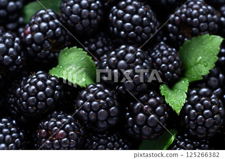 Ai generated Fresh ripe blackberries showing texture and green leaves closeup Ai generated Fresh ripe blackberries showing texture and green leaves closeup 125266382
