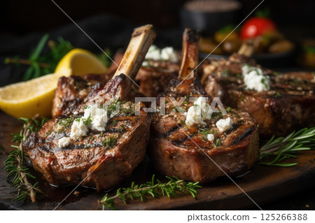 Ai generated Juicy greek lamb chops grilled to perfection with feta and rosemary 125266388