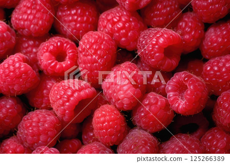 Ai generated Fresh ripe red raspberries filling the frame, a close up view 125266389