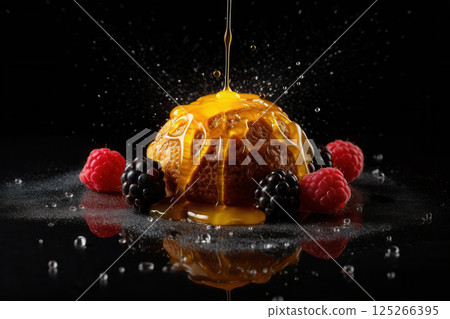 Ai generated Honey dripping on delicious muffin with raspberries and blackberries on black background 125266395