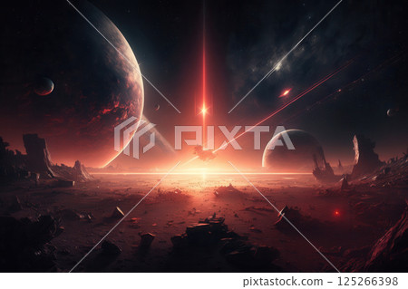 Ai generated spaceship exploding in interplanetary battle near alien planet 125266398