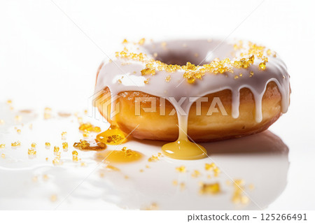 Ai generated Delicious donut dripping with white icing and honey on white background Ai generated Delicious donut dripping with white icing and honey on white background 125266491