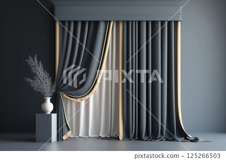 Ai generated elegant curtains with gold trim adding a touch of luxury to modern interior design 125266503