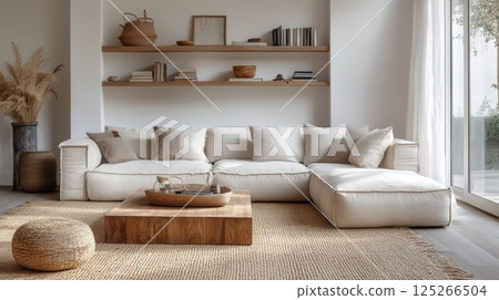 AI generated Modern bright living room with large comfortable sofa and wooden furniture 125266504