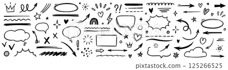 Line hand drawn brush marker arrow, heart shape element set. Hand drawn sketch marker underline shape, arrow, star marker brush pen stroke icon heart element. Vector 125266525