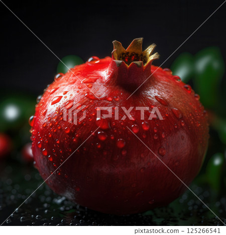 Ai generated Ripe pomegranate with water droplets on dark background Ai generated Ripe pomegranate with water droplets on dark background 125266541