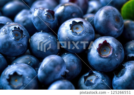 Ai generated Fresh ripe blueberries showing vivid color and water droplets Ai generated Fresh ripe blueberries showing vivid color and water droplets 125266551