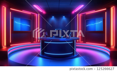 Ai generated Futuristic neon lit news studio broadcasting breaking information Ai generated Futuristic neon lit news studio broadcasting breaking information 125266627