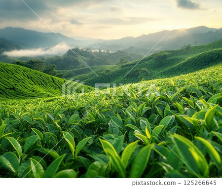 AI generated Green tea plantation covering hills at sunrise with gentle light 125266645