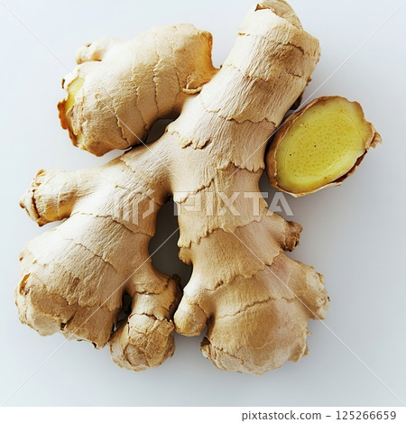 AI generated Fresh ginger root with rough skin and a slice showing the inside on white background AI generated Fresh ginger root with rough skin and a slice showing the inside on white background 125266659