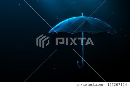 Futuristic Digital Umbrella in Low Poly Wireframe Style on Dark Background 125267114