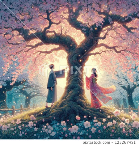 夜晚仰望櫻花的一對男女 夜晚仰望櫻花的一對男女 125267451