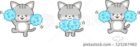 A set of mackerel tabby cats cheering with pom-poms 125267460