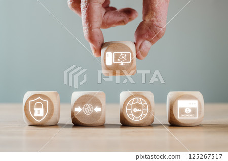 Visual representation of IPSec technology with icons symbolizing secure internet protocols and data encryption. Visual representation of IPSec technology with icons symbolizing secure internet protocols and data encryption. 125267517