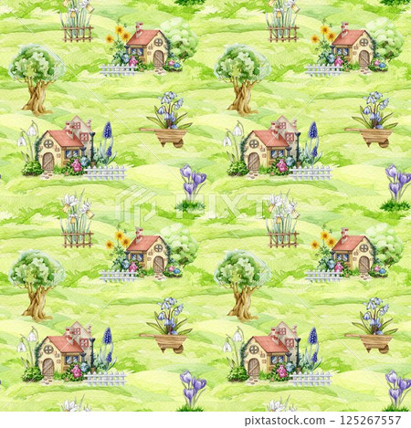 Springtime mood seamless pattern decoration element. Hand drawn watercolor illustration. Small cute houses decorated with primrose flowers, daffodils, snowdrops on green lush grassy background 125267557