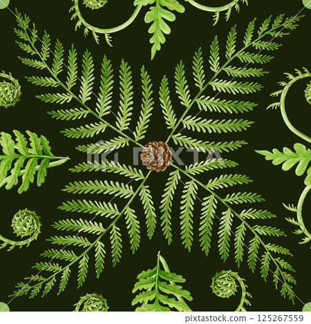 Green fern leaf seamless pattern geometric tile decor painted illustration. Hand drawn forest natural floral elegant decoration. Fern leaves with cones pattern design element on dark background Green fern leaf seamless pattern geometric tile decor painted illustration. Hand drawn forest natural floral elegant decoration. Fern leaves with cones pattern design element on dark background 125267559