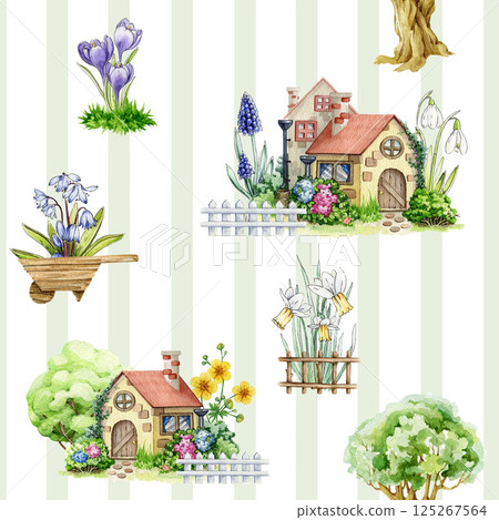 Springtime mood seamless pattern decoration element. Hand drawn watercolor illustration. Small cute houses with primrose flowers, daffodils, snowdrops, crocus on stripe background in tender colors 125267564