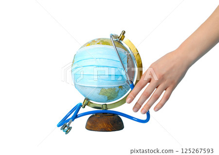 Globe symbolizing global healthcare with a stethoscope and mask, isolated on white 125267593
