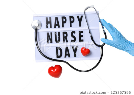 Greeting card celebrating Nurse Day with medical elements and hearts, isolated on white Greeting card celebrating Nurse Day with medical elements and hearts, isolated on white 125267596