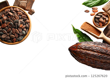 Cacao beans, nibs, powder, and leaves are artistically arranged on a white background for display, isolated on white, PNG Cacao beans, nibs, powder, and leaves are artistically arranged on a white background for display, isolated on white, PNG 125267620