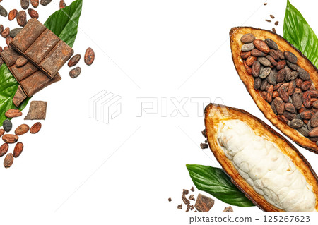 Cocoa beans and chocolate pieces arranged with fresh green leaves against a white backdrop, isolated on white, PNG Cocoa beans and chocolate pieces arranged with fresh green leaves against a white backdrop, isolated on white, PNG 125267623