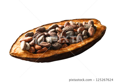 Cacao pod filled with various cocoa beans isolated on a white background, perfect for food styling, isolated on white, PNG Cacao pod filled with various cocoa beans isolated on a white background, perfect for food styling, isolated on white, PNG 125267624